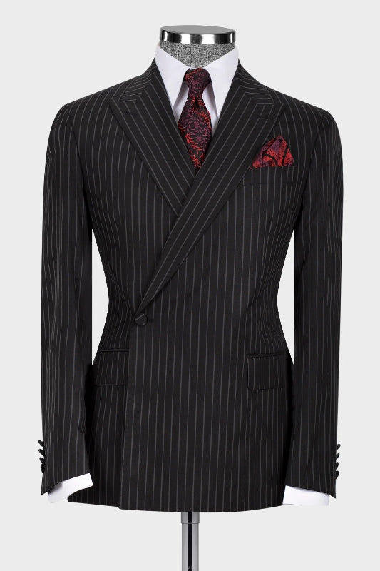 Formal Black Striped Bespoke Peaked Lapel Business Suit