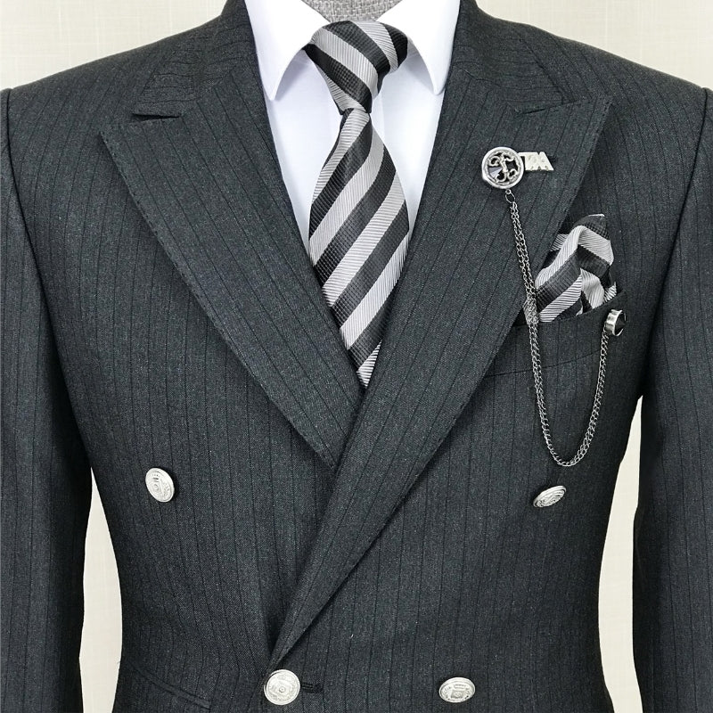 Formal Black Striped Double-Breasted Peak Lapel Business Suit