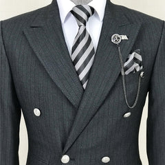 Formal Black Striped Double-Breasted Peak Lapel Business Suit