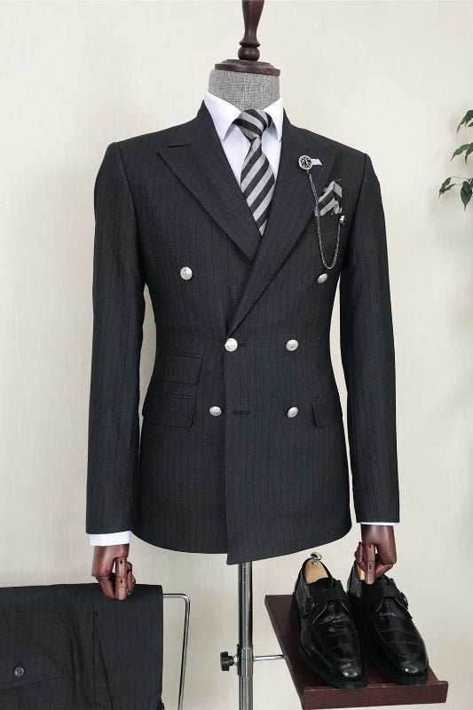 Formal Black Striped Double-Breasted Peak Lapel Business Suit