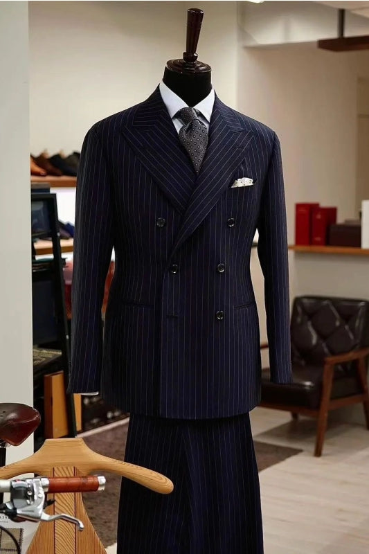 Formal Black Striped Peak Lapel Double-Breasted Business Outfit