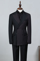 Formal Black Striped Peak Lapel Double Breasted Custom Business Suit