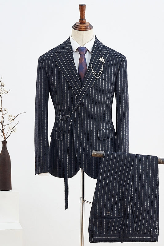 Formal Black Striped Peaked Lapel Men's Prom Suit