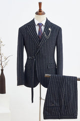 Formal Black Striped Peaked Lapel Men's Prom Suit