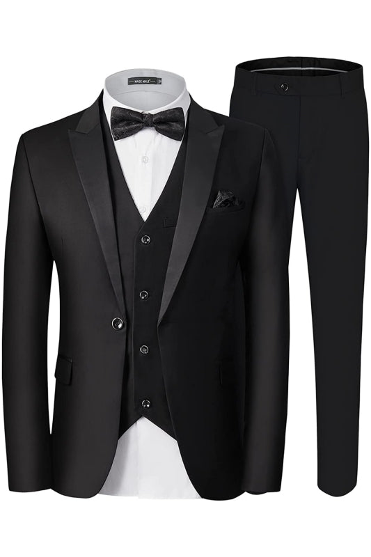 Formal Black Three-Piece Peaked Lapel Men's Business Suit