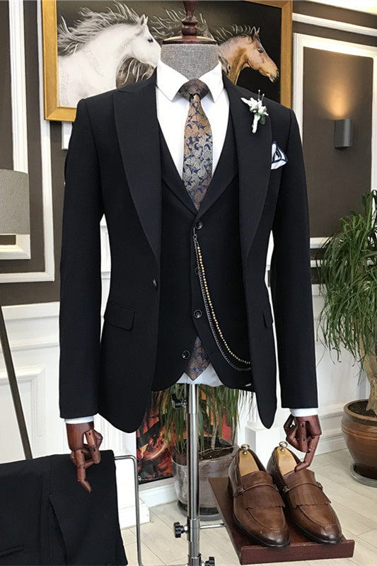 Formal Black Three-Piece Peaked Lapel Men's Business Suit