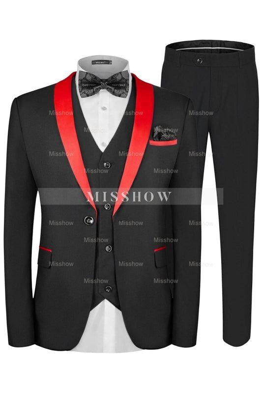 Formal Black Three-Piece Wedding Suit With Red Shawl Collar