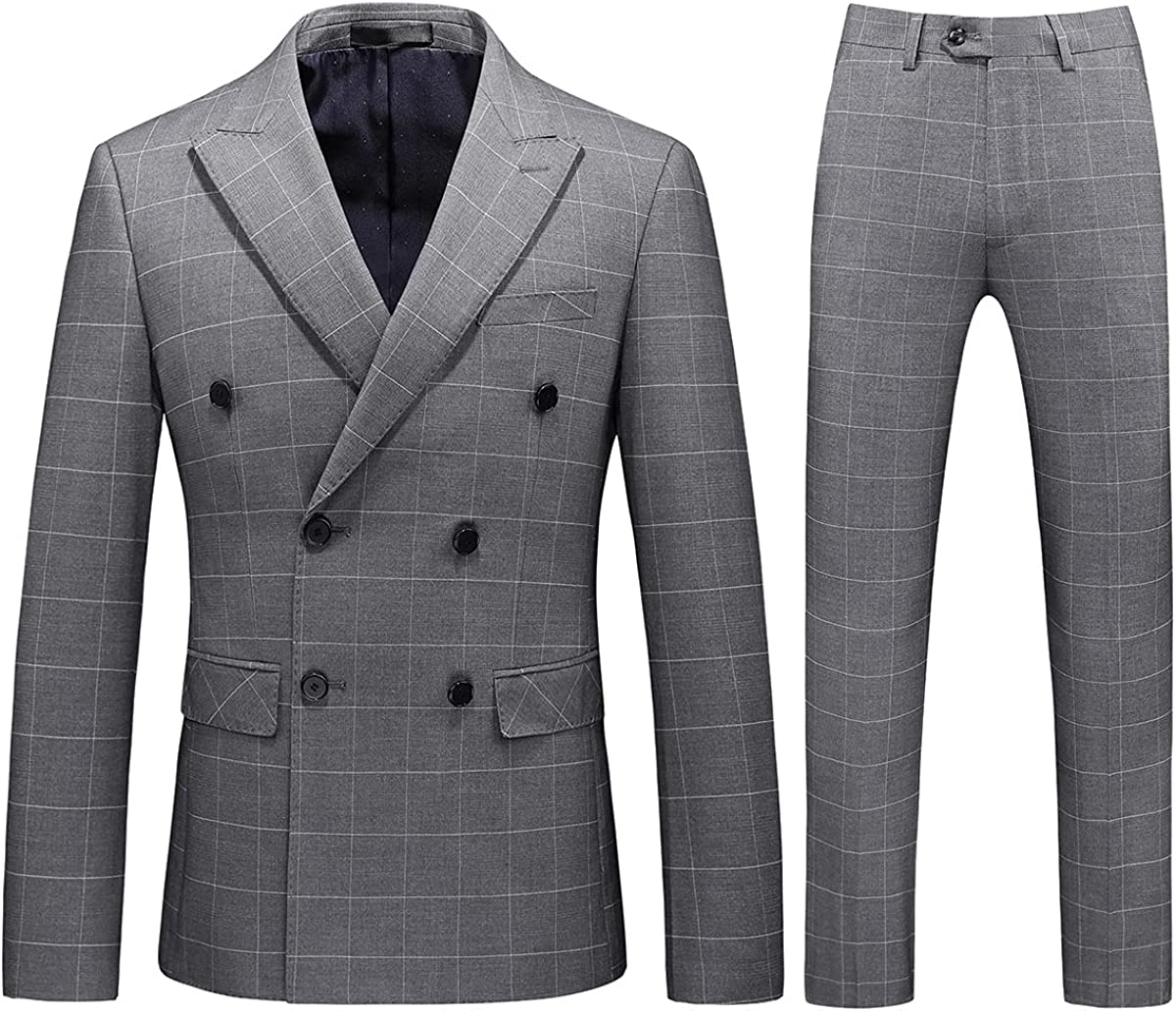 Formal Charcoal Gray Double-Breasted Plaid Men's Business Suit
