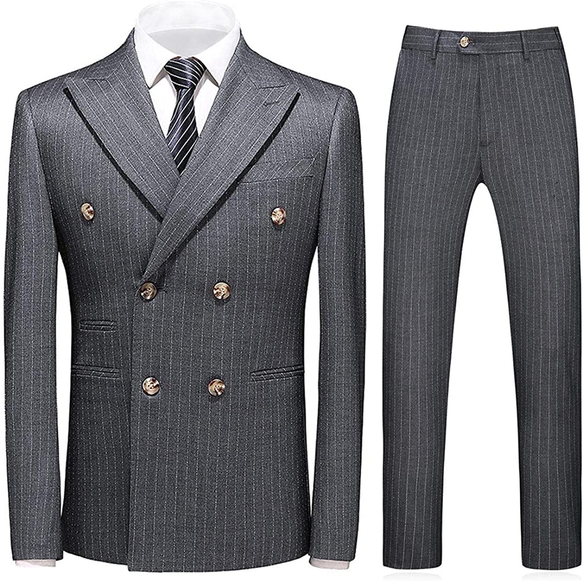 Formal Dark Gray Double Breasted Peak Lapel Striped Men's Business Suit