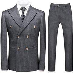 Formal Dark Gray Double Breasted Peak Lapel Striped Men's Business Suit