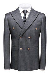 Formal Dark Gray Double Breasted Peak Lapel Striped Men's Business Suit