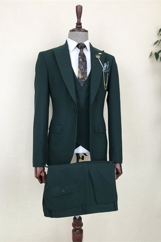 Formal Dark Green Three-Piece Peak Lapel Business Suit for Men