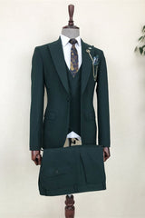 Formal Dark Green Three-Piece Peak Lapel Business Suit for Men