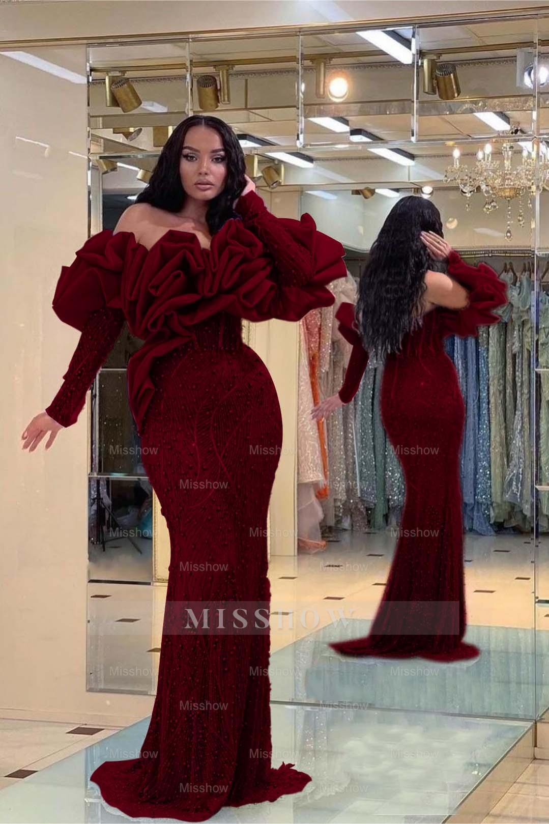 Formal Dress Purple Bubble Sleeves Long Strapless Sequins Beading