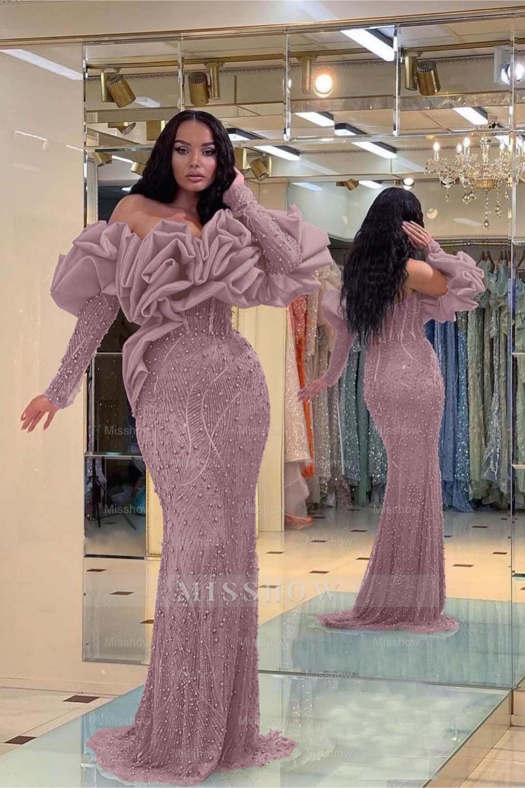 Formal Dress Purple Bubble Sleeves Long Strapless Sequins Beading