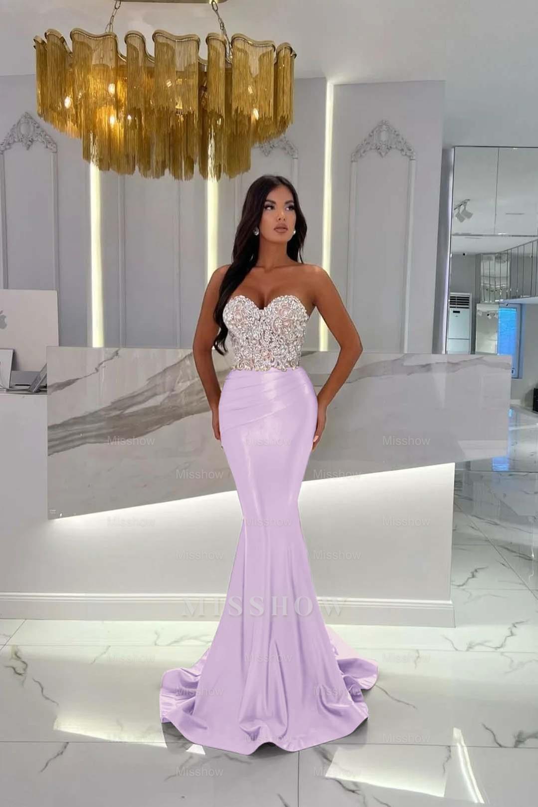 Formal Dress Satin Gold Sweetheart Sleeveless Strapless With Rhinstone Mermaid