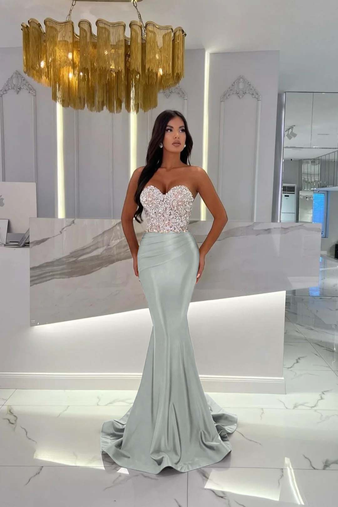 Formal Dress Satin Gold Sweetheart Sleeveless Strapless With Rhinstone Mermaid