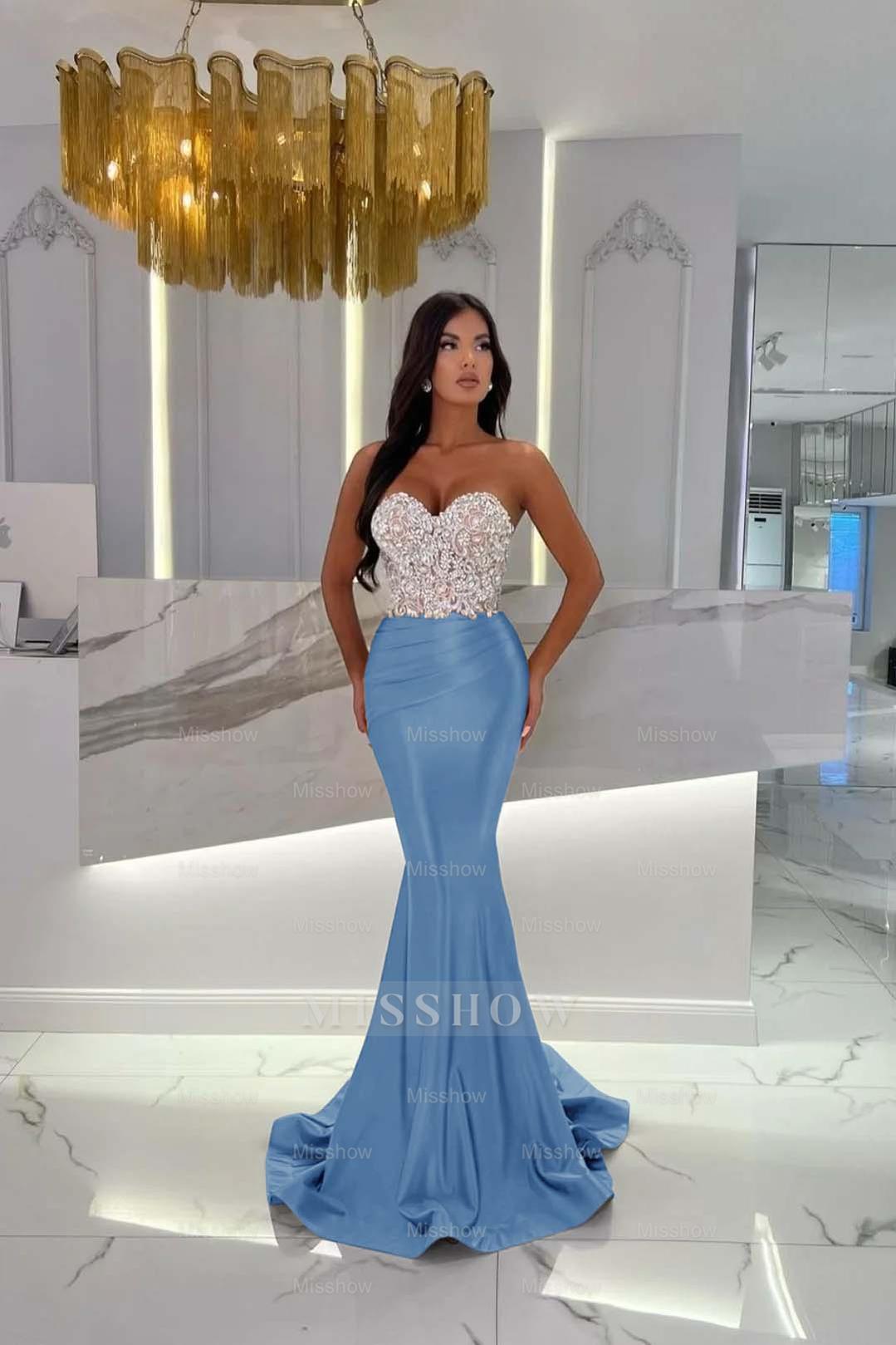 Formal Dress Satin Gold Sweetheart Sleeveless Strapless With Rhinstone Mermaid