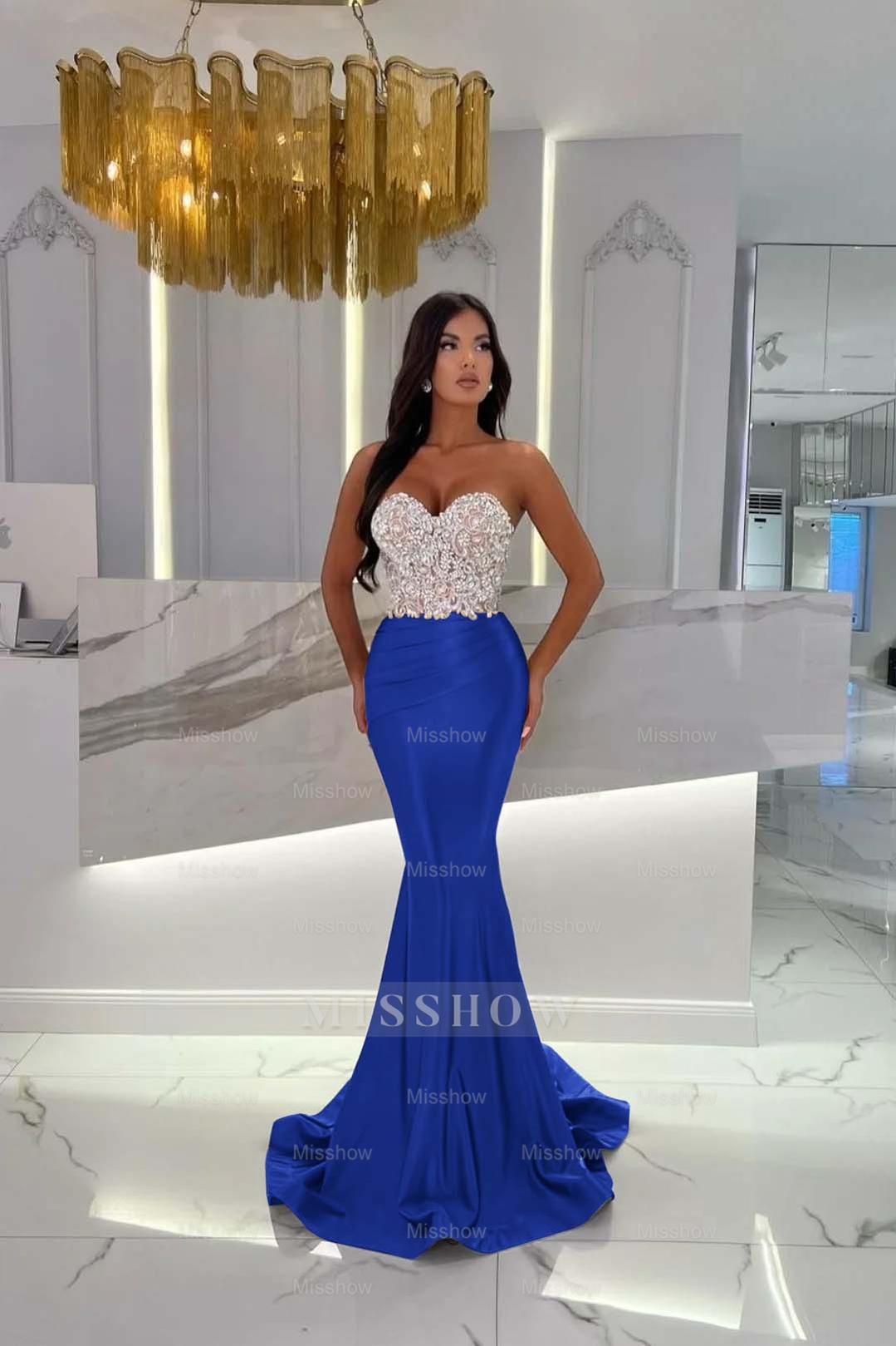 Formal Dress Satin Gold Sweetheart Sleeveless Strapless With Rhinstone Mermaid
