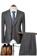 Formal Gray Striped Three-Piece Notched Lapel Business Suit