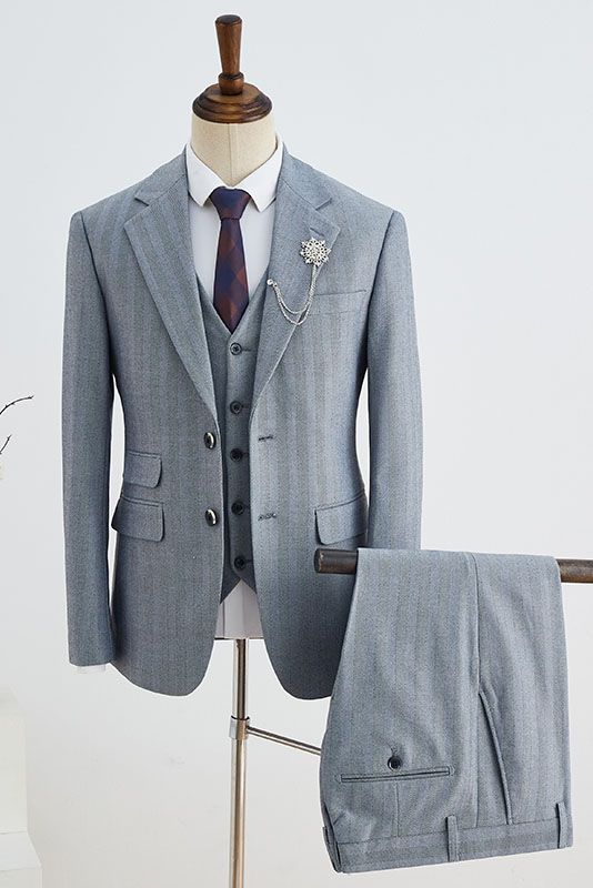 Formal Gray Striped Three Pieces Notched Lapel Slim Fit Custom Business Suit