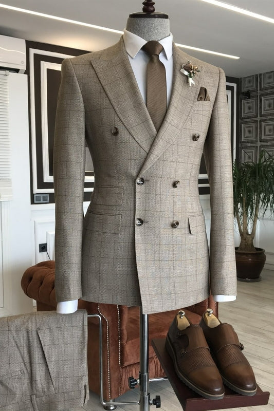 Formal Light Brown Plaid Double Breasted Peaked Lapel Business Suit