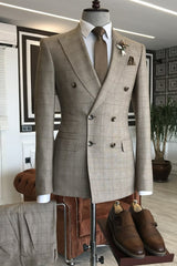 Formal Light Brown Plaid Double Breasted Peaked Lapel Business Suit