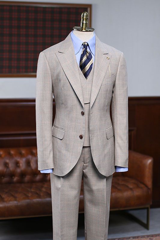 Formal Light Khaki Plaid Three Pieces Custom Business Suit