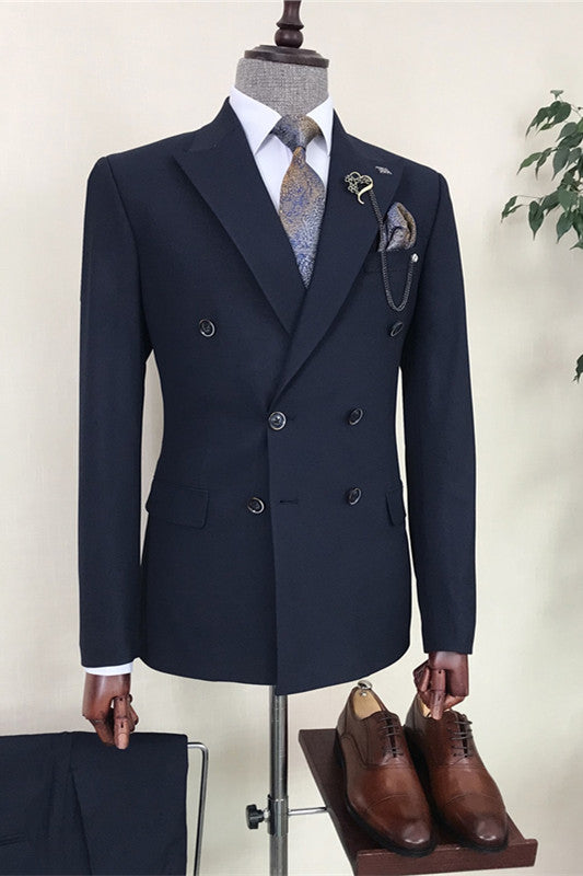 Formal Navy Blue Double-Breasted Peaked Lapel Suit For Men