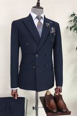 Formal Navy Blue Double-Breasted Peaked Lapel Suit For Men
