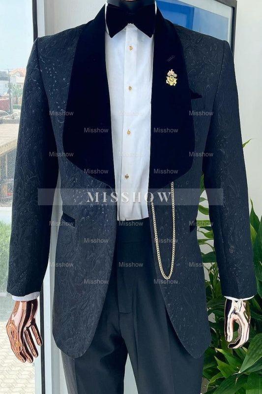 Formal Navy Blue Jacquard Wedding Suit With Black Collar