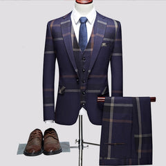 Formal Navy Blue Notch Lapel Three-Piece Business Suit Set for Men