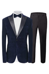 Formal Navy Blue Peaked Lapel Two-Piece Velvet Prom Suit for Men