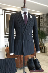 Formal Navy Blue Striped Double-Breasted Peaked Lapel Business Suit