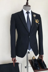 Formal Navy Blue Striped Peaked Lapel Business Suit