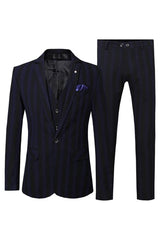 Formal Navy Blue Striped Three-Piece Notched Lapel Business Suit