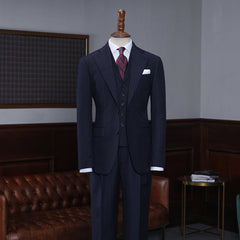 Formal Navy Blue Striped Three Pieces Slim Fit Custom Business Suit