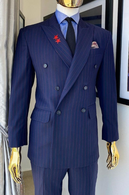 Formal Navy Blue Striped Two-Piece Peaked Lapel Business Suit