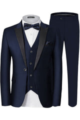Formal Navy Blue Three-Piece Peak Lapel Business Suit for Men