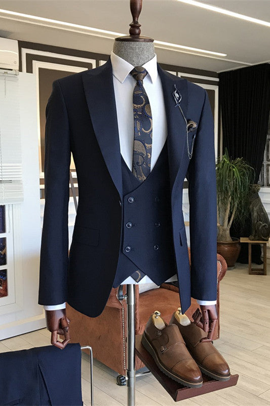 Formal Navy Blue Three-Piece Peaked Lapel Business Suit