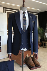 Formal Navy Blue Three-Piece Peaked Lapel Business Suit