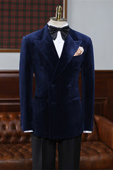 Formal Navy Blue Velvet Peaked Lapel Men's Prom Suit