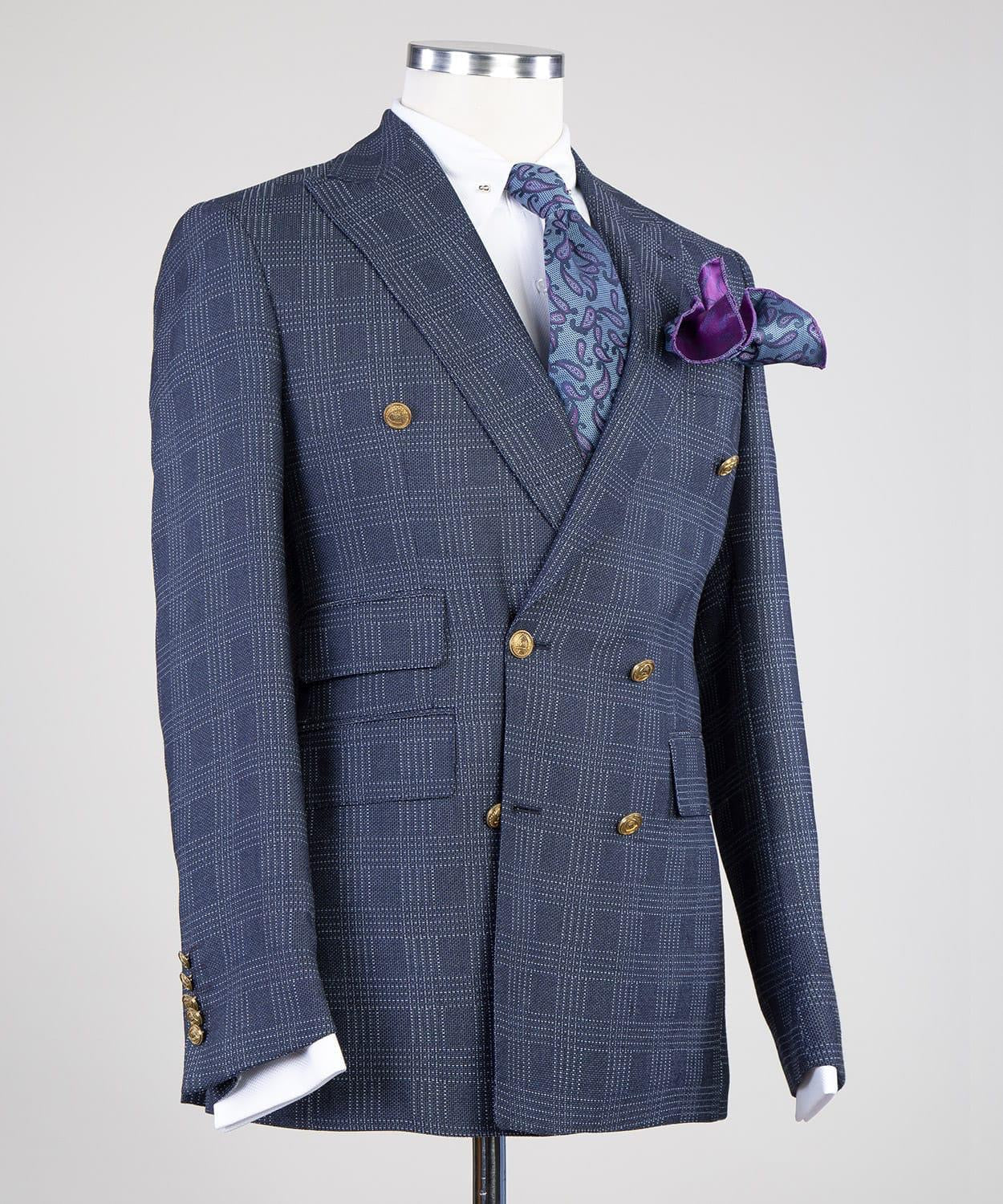 Formal Navy Plaid Double Breasted Peak Lapel Business Suits