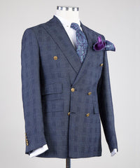 Formal Navy Plaid Double Breasted Peak Lapel Business Suits