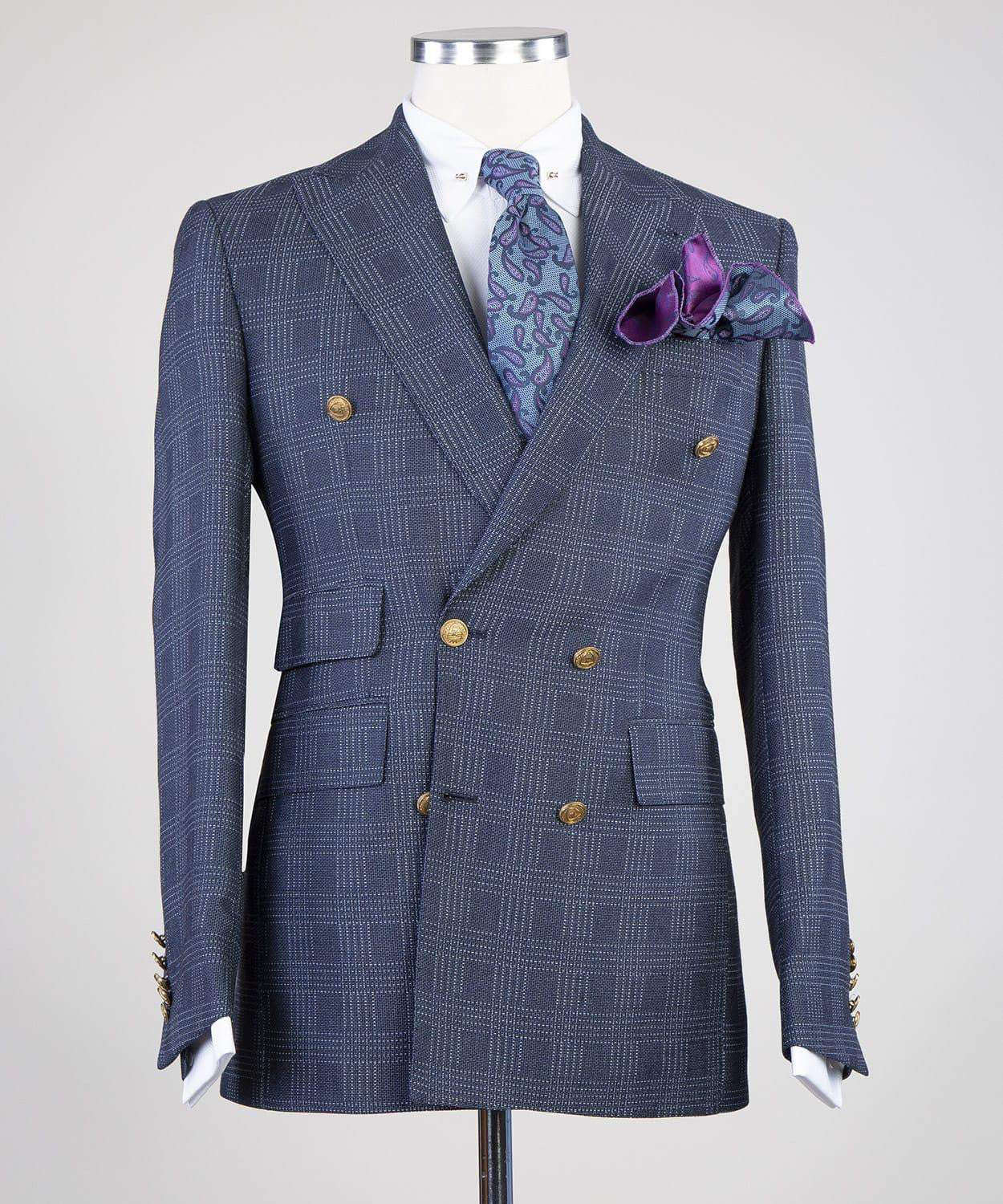 Formal Navy Plaid Double Breasted Peak Lapel Business Suits