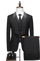 Formal Tailored Black Shawl Lapel Three-Piece Suit for Men
