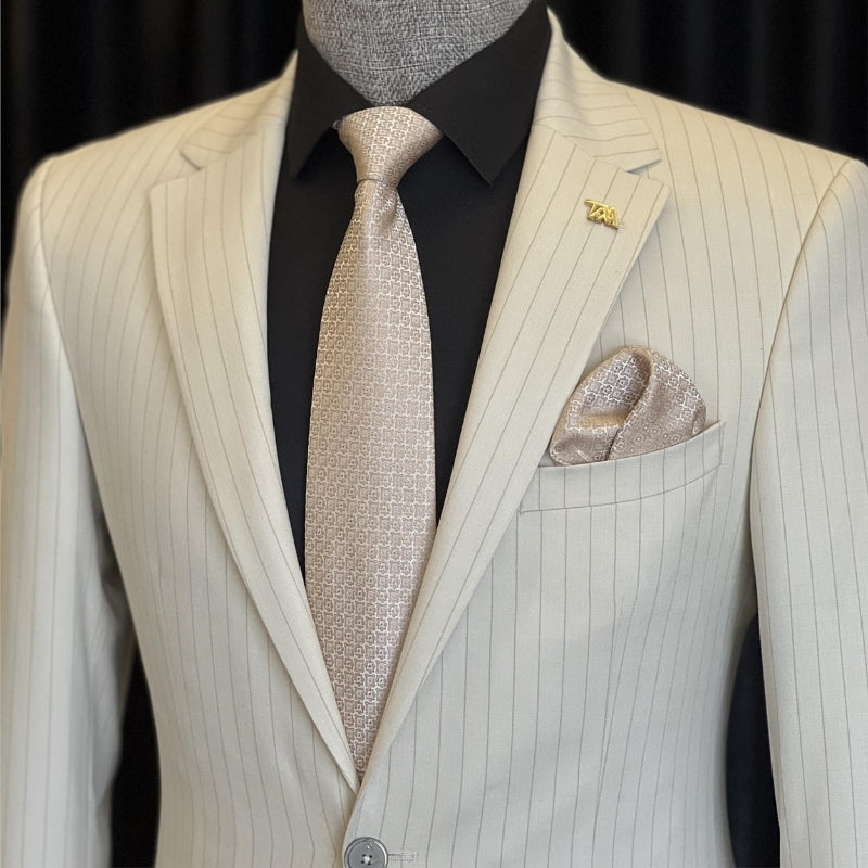 Formal White Notch Lapel Striped Men's Business Suit