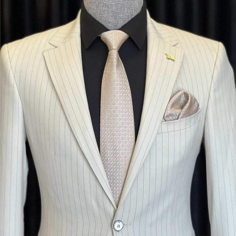 Formal White Notch Lapel Striped Men's Business Suit