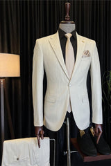 Formal White Notch Lapel Striped Men's Business Suit