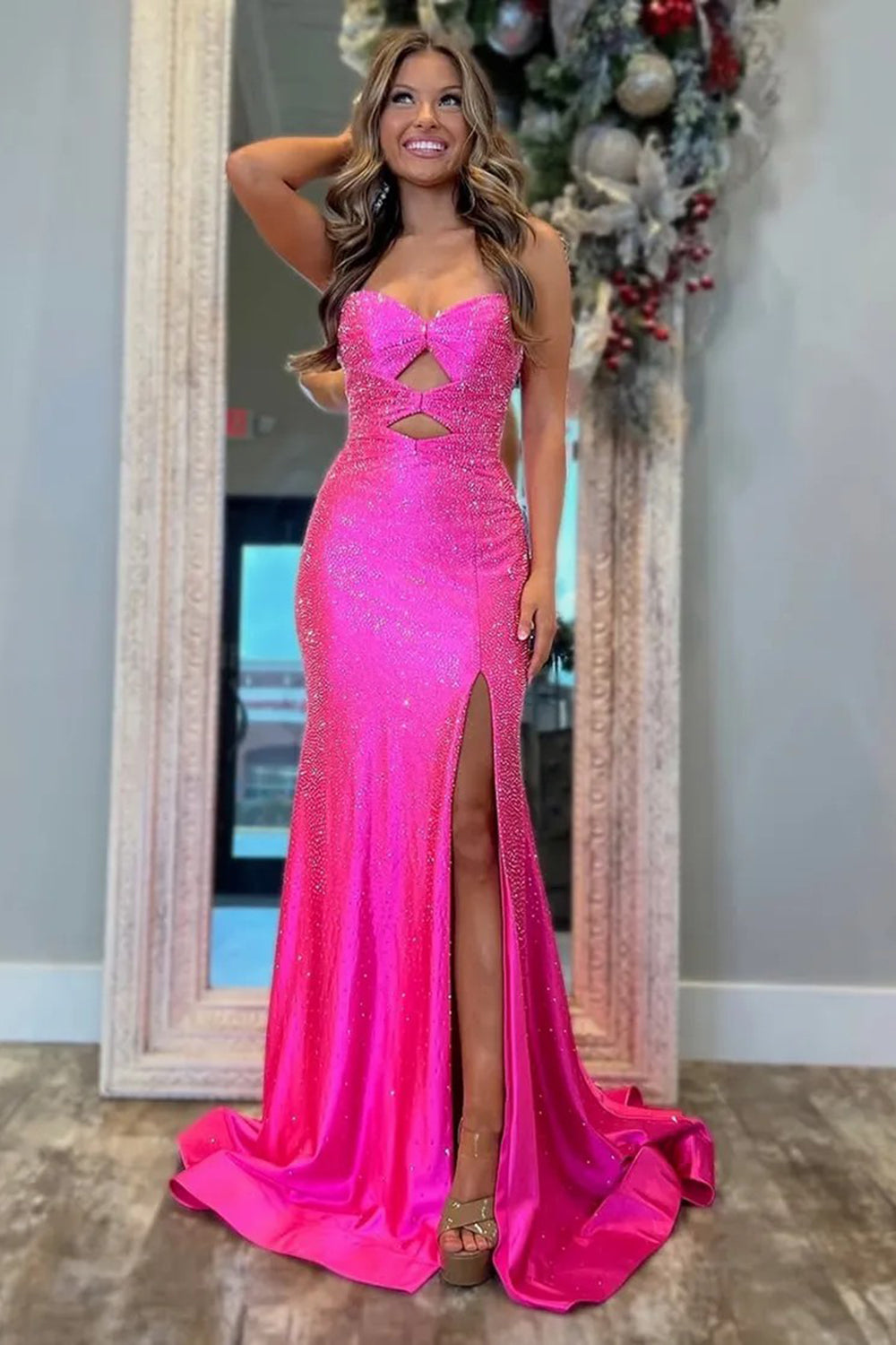 Fuchsia Beaded Strapless Long Prom Dress with Sparkly Cut-out and Slit